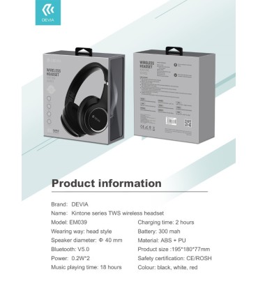 Cuffie Bluetooth 5.0 EM039 TWS Kintone Hi-Fi Nera DEWHV2512B