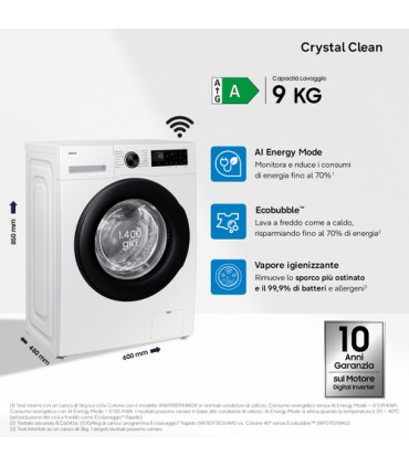 SAMSUNG LAVAT.WW90DG5G34AEET 48cm 9KG (A-10%)1400giri 60*85*48 Crystal Clean Vapore WIFI PortaNera