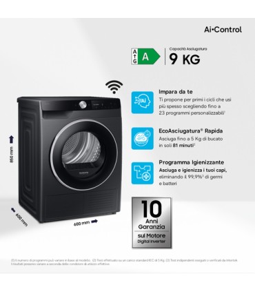 SAMSUNG ASCIUGAT.DV90DG6845LB/U3 9KG NERA(A)Nera,AIControl,60x85x60,PompdiCalore, Smartlink
