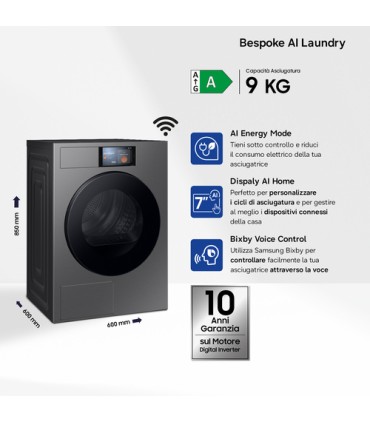SAMSUNG ASCIUGAT.DV90F09F4SU3 9Kg SILVER (A) AI HOMEBespoke AI Home,AI Dry,Silent Dry,Pompa di calore