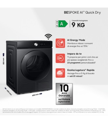SAMSUNG ASCIUGAT.DV90DB7845GB/U3 9KG NERA (A)Bespoke AI 60x85x60,Nera,BespokeAI,QuickDry, Pompa di calore