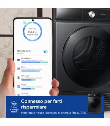 SAMSUNG ASCIUGAT.DV90DB7845GB/U3 9KG NERA (A)Bespoke AI 60x85x60,Nera,BespokeAI,QuickDry, Pompa di calore