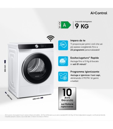 SAMSUNG ASCIUGAT.DV90DG6845LK 9Kg (A) Oblò NEROAI CONTROL,PORTA REVERSIBILE, POMPA DI CALORE,