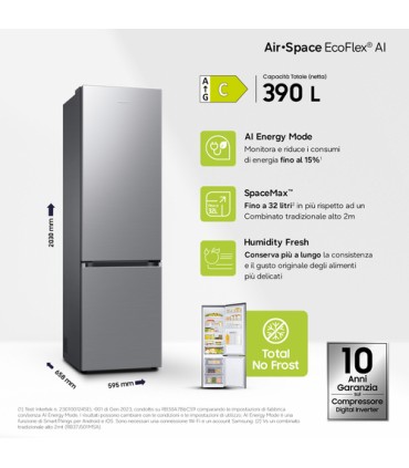 SAMSUNG FRIGO RB38C600CS9/EF INOX (C) 390LT  (HxPxL)203x65.8x59.5cm,TotalNoFrost, Inverter, AI