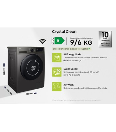 SAMSUNG LAVASC.WD90HG5U34BXET NERA 9+6KG (A-35%/D) VAPORE1400Gir, AI, BubbleCare, Eco, Cass.StayClean, Wifi